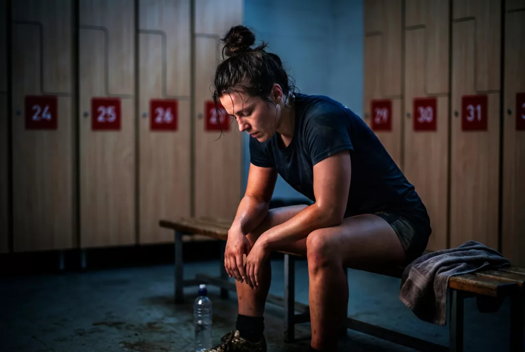 Ritratto di una giovane atleta con uso del flash dentro lo spogliatoio