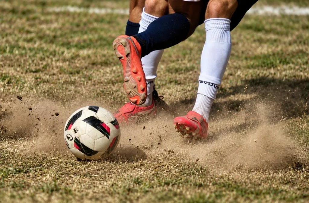 Primo piano di uno scarpino rosso che colpisce il pallone su terreno polveroso. Sofia Gasbarri — ASD Montorio Romano — SPORTSHOTS Magazine